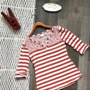 Anthro Postmark Striped Henley Floral Placket